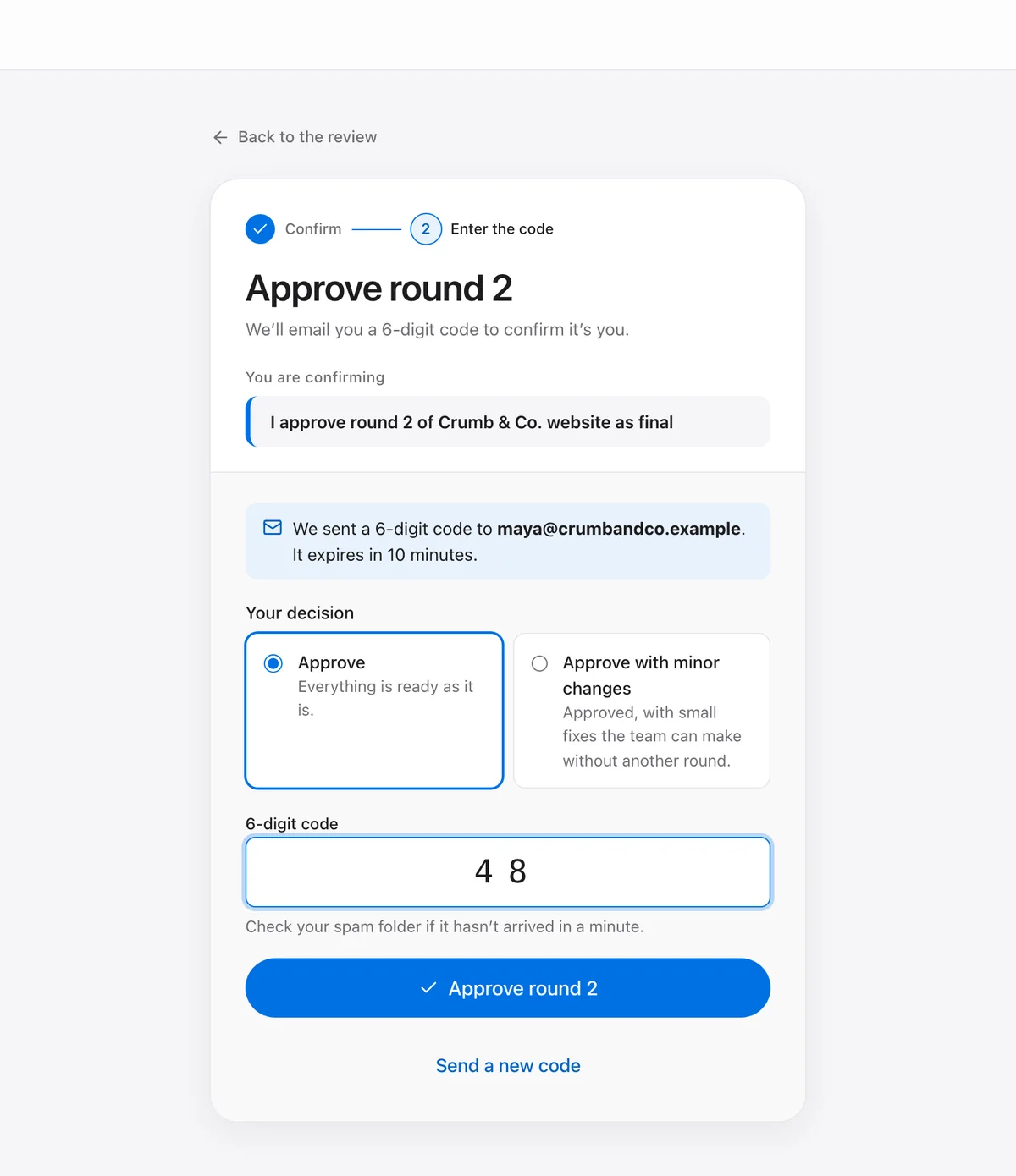 Approving round 2 of the Crumb & Co. website: a 6-digit code was sent to the client’s email, with the code field and an Approve round 2 button