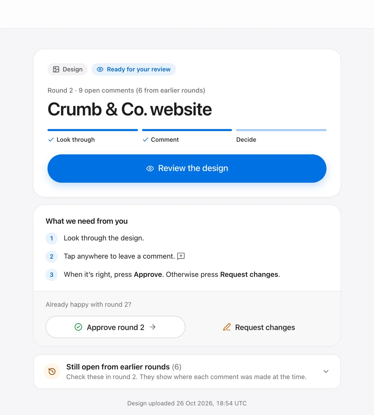 The page a client sees when they open the link: the project, a Review the design button, and what is needed from them