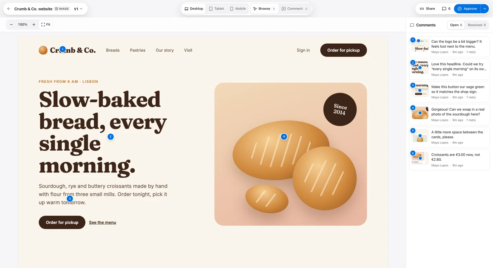 The Crumb & Co. homepage, version 1, with four numbered client pins